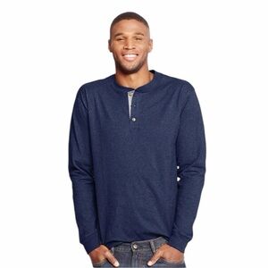 Hanes Beefy T Men's Navy Henley Shirt Size Large #1954